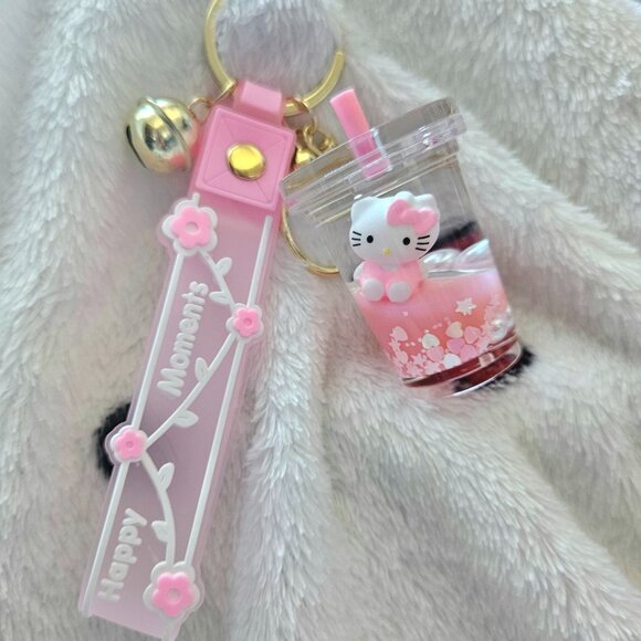 New Hello Kitty Pink Milk Tea Liquid Oil Keychain Bag Charm - Picture 3 of 5